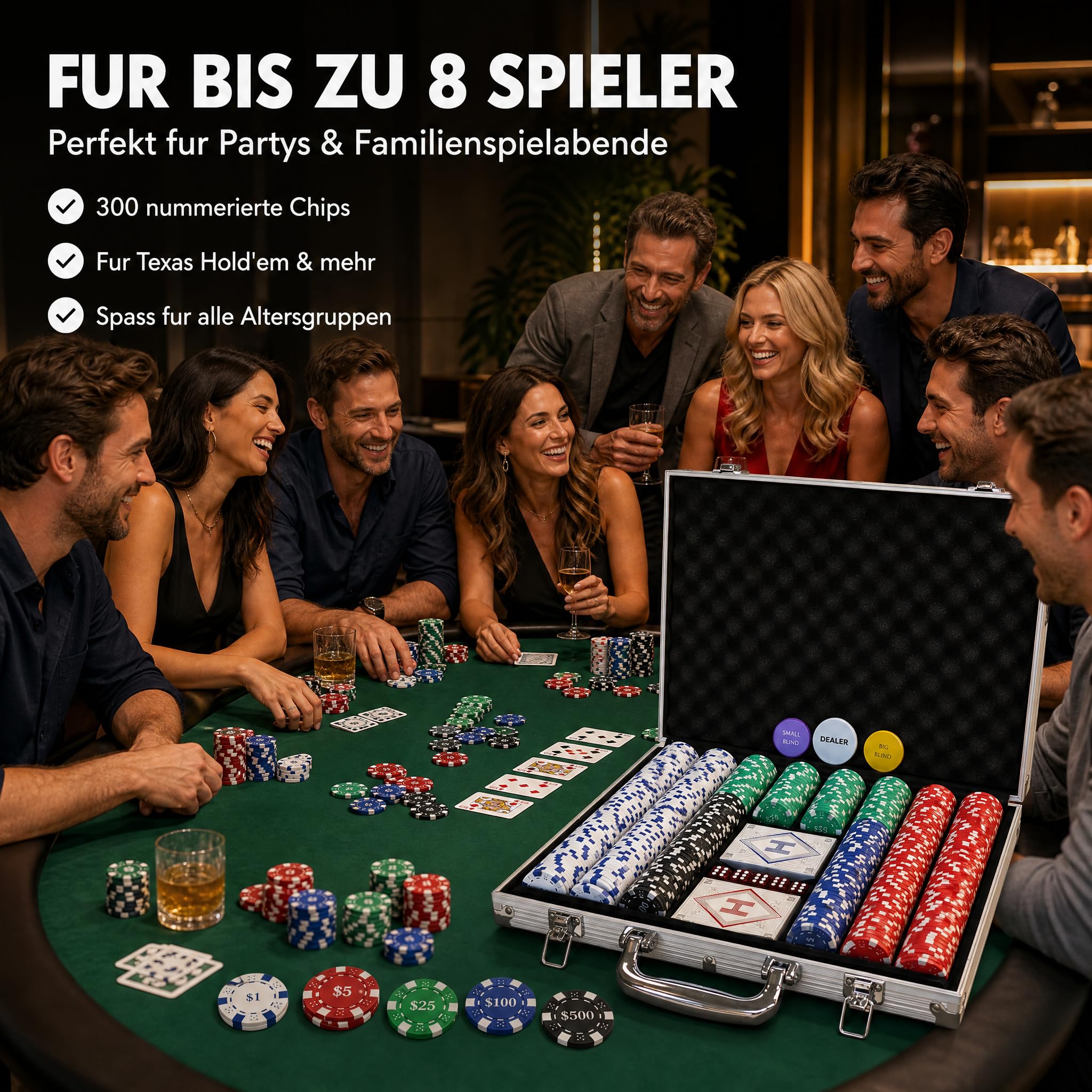 HEITOK Profi Pokerkoffer mit Nummern, 11,5g Composite Resin Pokerchips Set mit Eisenkern, Verstärkter Aluminium Koffer für Texas Hold'em & Blackjack, Premium Set mit Pokerkarten, Dealer, Blind Button 5