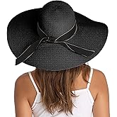 Lanzom Womens Wide Brim Straw Hat Big Floppy Foldable Roll up Cap Beach Sun Hat UPF 50+