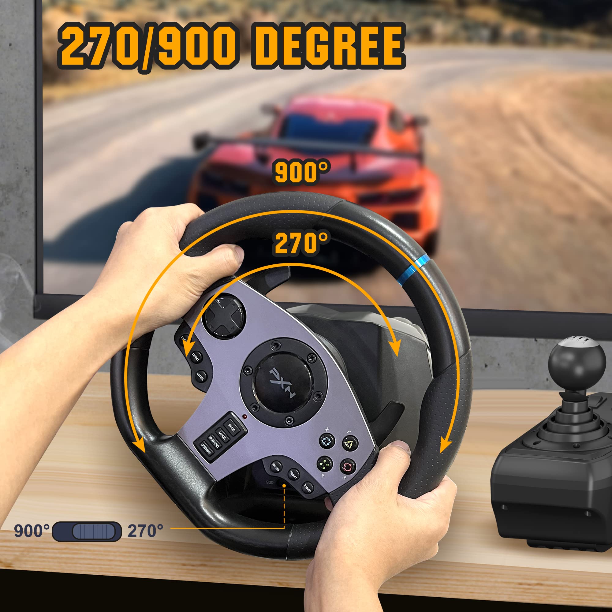 PXN V9 Gaming Steering Wheel, 270/900 Degree with Pedals and Shifter for Xbox One, Xbox Series S/X,PC, PS4, PS3, Switch