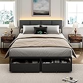 Furnulem Full Size Bed Frame with Headboard, Upholstered Full Bed Frame with LED Light, USB Charging Station, Platform Bedframe with 2 Fabric Underbed Storage Drawers, No Spring Box Needed