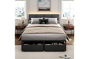 Furnulem Full Size Bed Frame with Headboard, Upholstered Full Bed Frame with LED Light, USB Charging Station, Platform Bedframe with 2 Fabric Underbed Storage Drawers, No Spring Box Needed