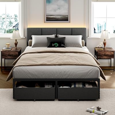 Furnulem Full Size Bed Frame with Headboard, Upholstered Full Bed Frame with LED Light, USB Charging Station, Platform Bedframe with 2 Fabric Underbed Storage Drawers, No Spring Box Needed