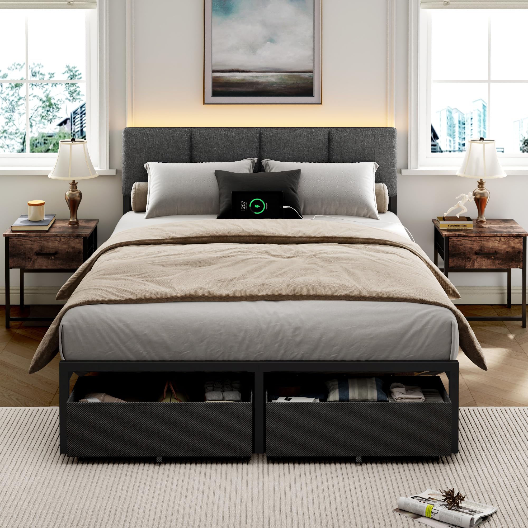 Photo 1 of **PARTS ONLY** Furnulem Full Size Bed Frame with Headboard,Upholstered Bed Full with LED Light,USB Charging Station,Platform Bedframe with 2 Fabric Underbed Storage Drawers,No Spring Box Needed