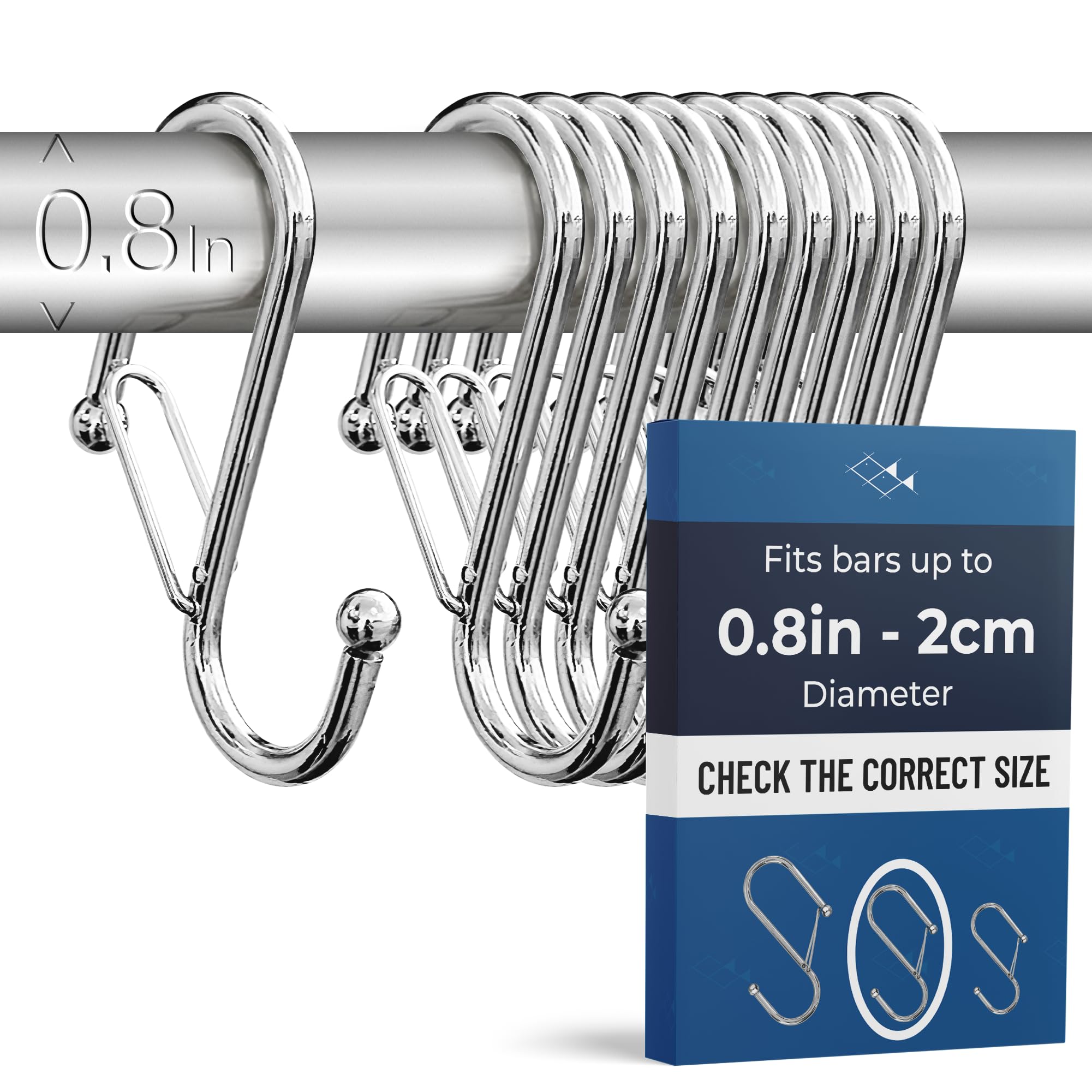 Blau Marité 10 Pack S Hooks for Hanging for Bars up to 0.8 Inch (2 cm) Diameter - Anti-Drop Hooks with Safety Lock – Heavy-Duty for Kitchen, Bathroom & Closet – Silver (Medium)