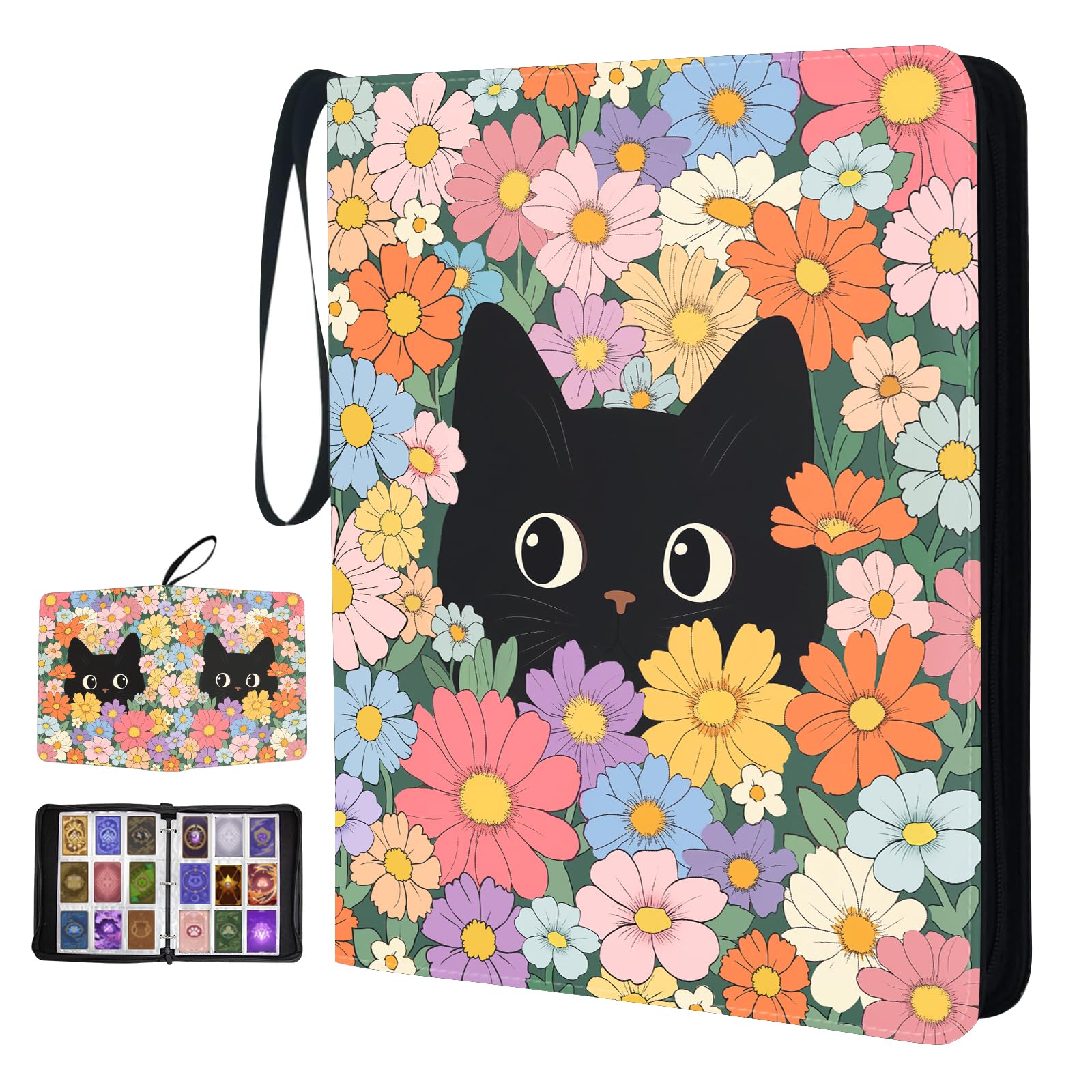Black Cat Trading Card Storage Album for Son Daughter, Flower Collectible Trading Card Binder with 50 Durable 9-Pocket Pages, Gift for Card Collector on Birthday Christmas β image 1