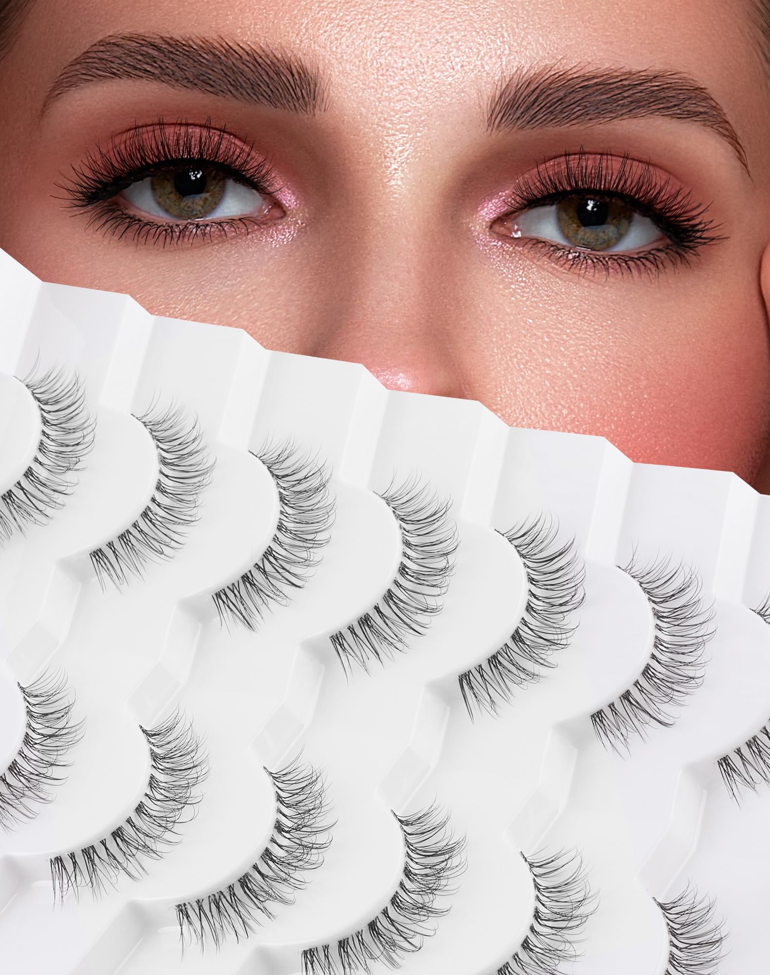 Fairy Strip Lashes That Look Like Extensions Clear Band False Eyelashes Natural Look 3D Volume Lashes Short Wispy Fake Eyelashes Pack 7 Pairs 10MM