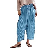 DURUNUL Women Summer Striped Harem Pants Casual Baggy Wide Leg Tapered Trousers Drawstring Waist Palazzo Pants with Pockets Blue
