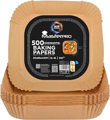 Papel para Freidora de Aire | Pack de 500 Moldes de Papel de Horno Desechable Antiadherente | Compatible con Cosori, Cecotec, Philips| 20x20x4,5cm: Air Fryer de 5 L a 8 L