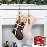 GEX Christmas Stockings 2 Pack with DIY Nametag for Family Large Pleather Plush Luxury Faux-Wool Boho Modern Neutral Stockings Fireplace Decorations Ornaments for Xmas (Dark Brown & Pink)