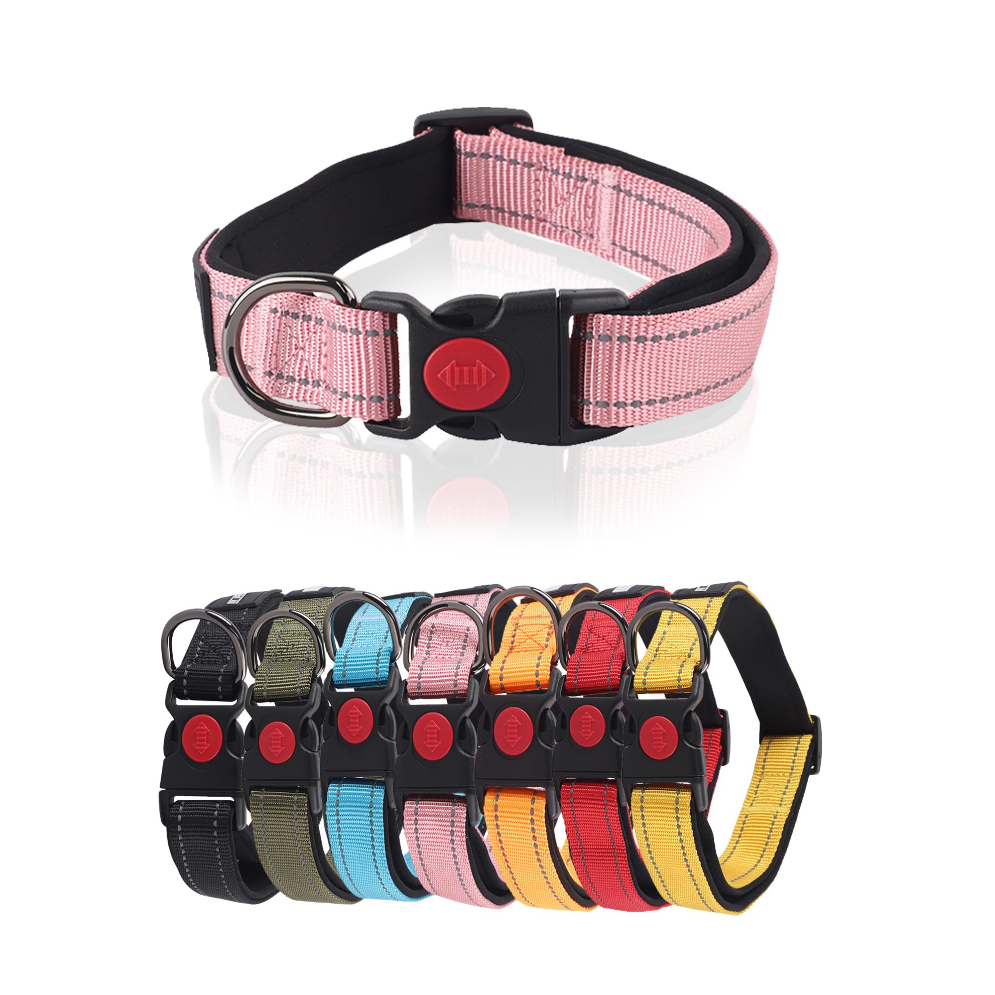 Don Pet Dog Collar, Reflective Adjustable Basic Dog Collar with Soft Neoprene Padding, Durable Nylon Pet Collars for Puppy, Small, Medium & Large Dogs - Large Baby Pink: (40cm - 60cm).