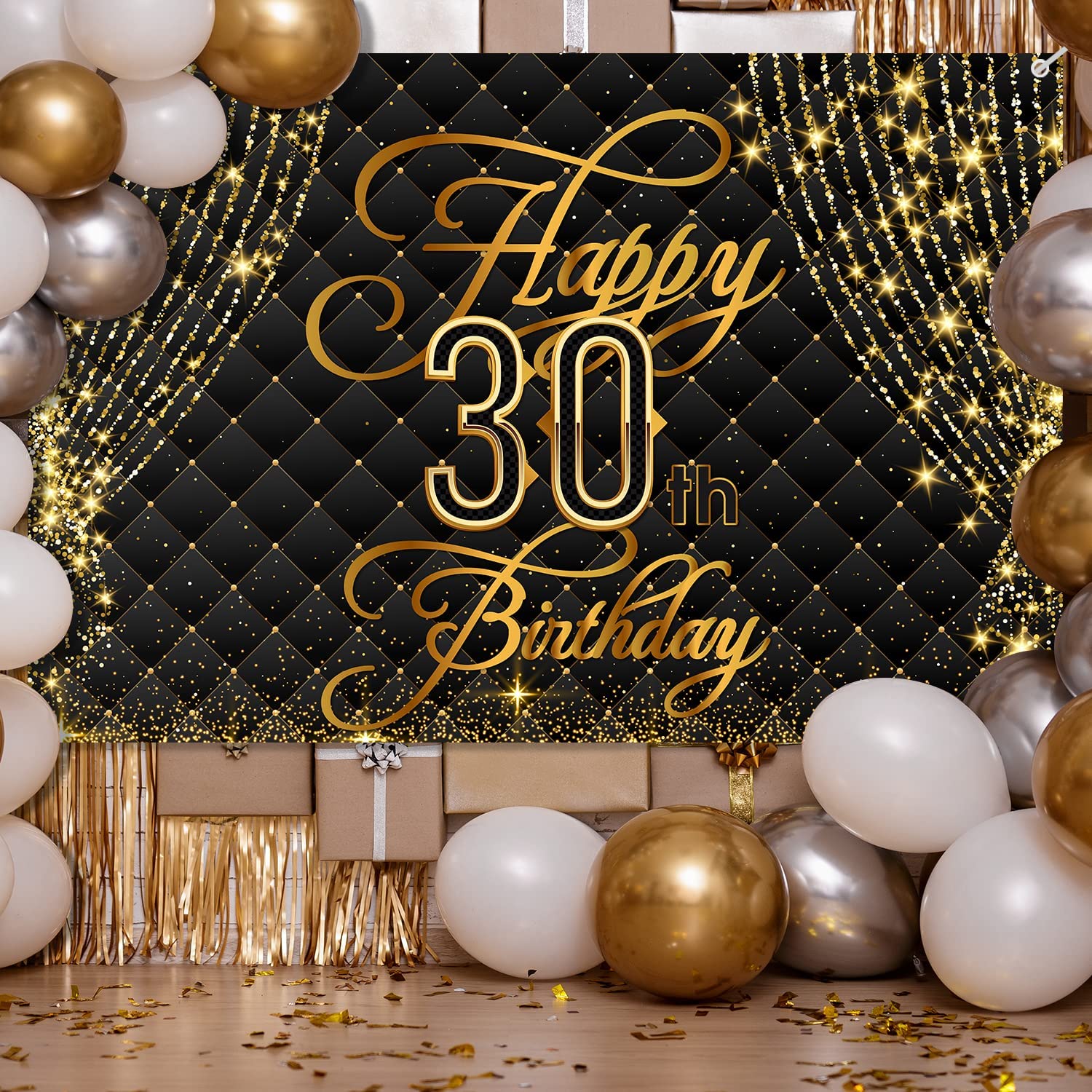 Photo 1 of Happy 30th Birthday Banner Backdrop Royal Curtain Decorations Black Gold Background 30 Years Old Bday for Women Men Photography Party Decor Supplies
