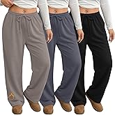 Locoowai 3 Pack Women's Plus Size Thermal Sweatpants Fleece Wide Leg High Waist Drawstring Yoga Lounge Pants with Pocket