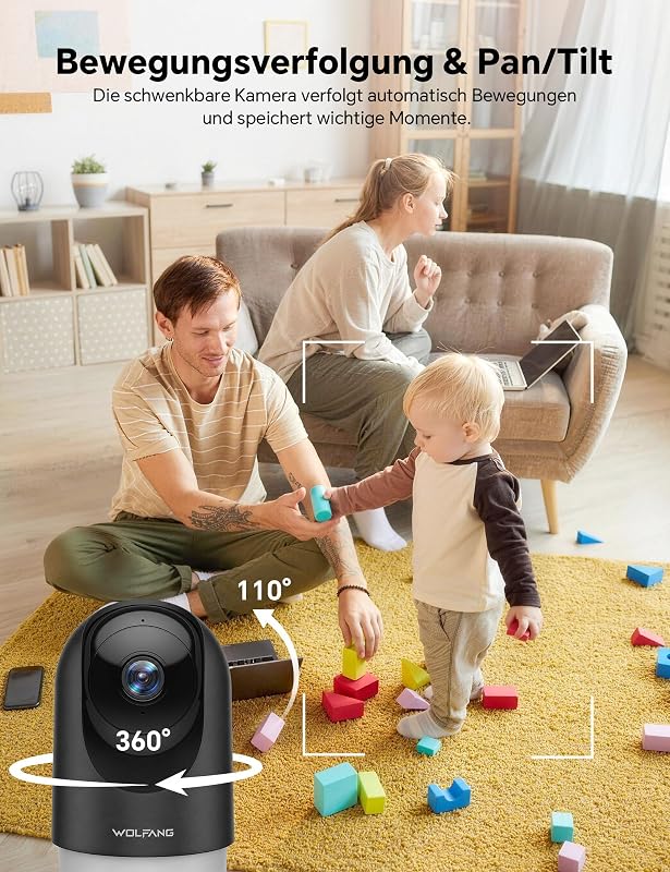 Überwachungskamera Innen 2K, WLAN Kamera Innen mit 360° PTZ, Auto-Tracking & Nachtsicht, Hundekamera mit 2-Wege-Audio, Kompatibel mit Alexa & Google Home