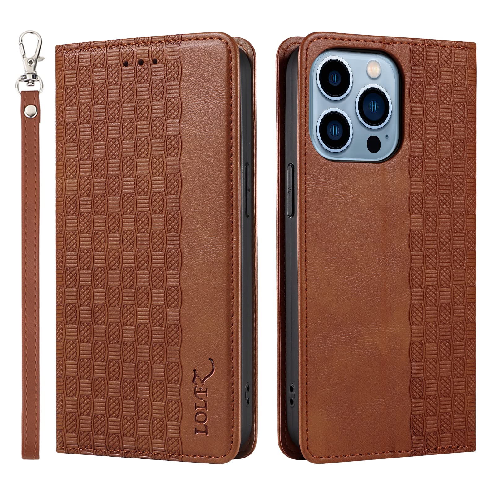 LOLFZ Case for iPhone 13 Pro, Leather Flip Wallet Case Card Slots Kickstand Wrist Strap Protective Magnetic Phone Case Cover for Apple iPhone 13 Pro - Brown
