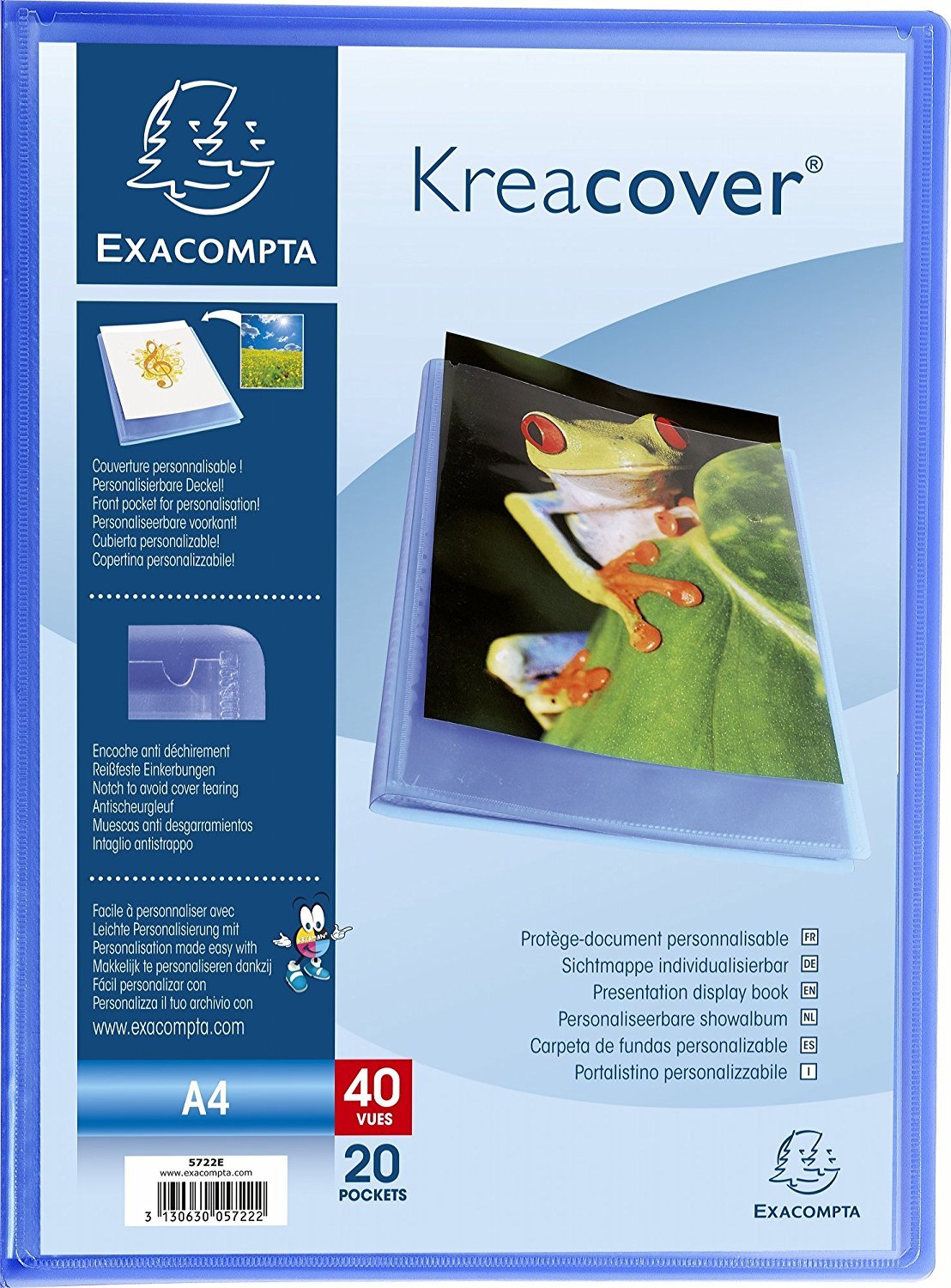 Exacompta - Ref 5722E - Kreacover Collection - Semi-Rigid Opaque PP Display Book - 240 x 320mm in Size, Suitable for A4 Documents, 20 Pockets - Blue (Single)