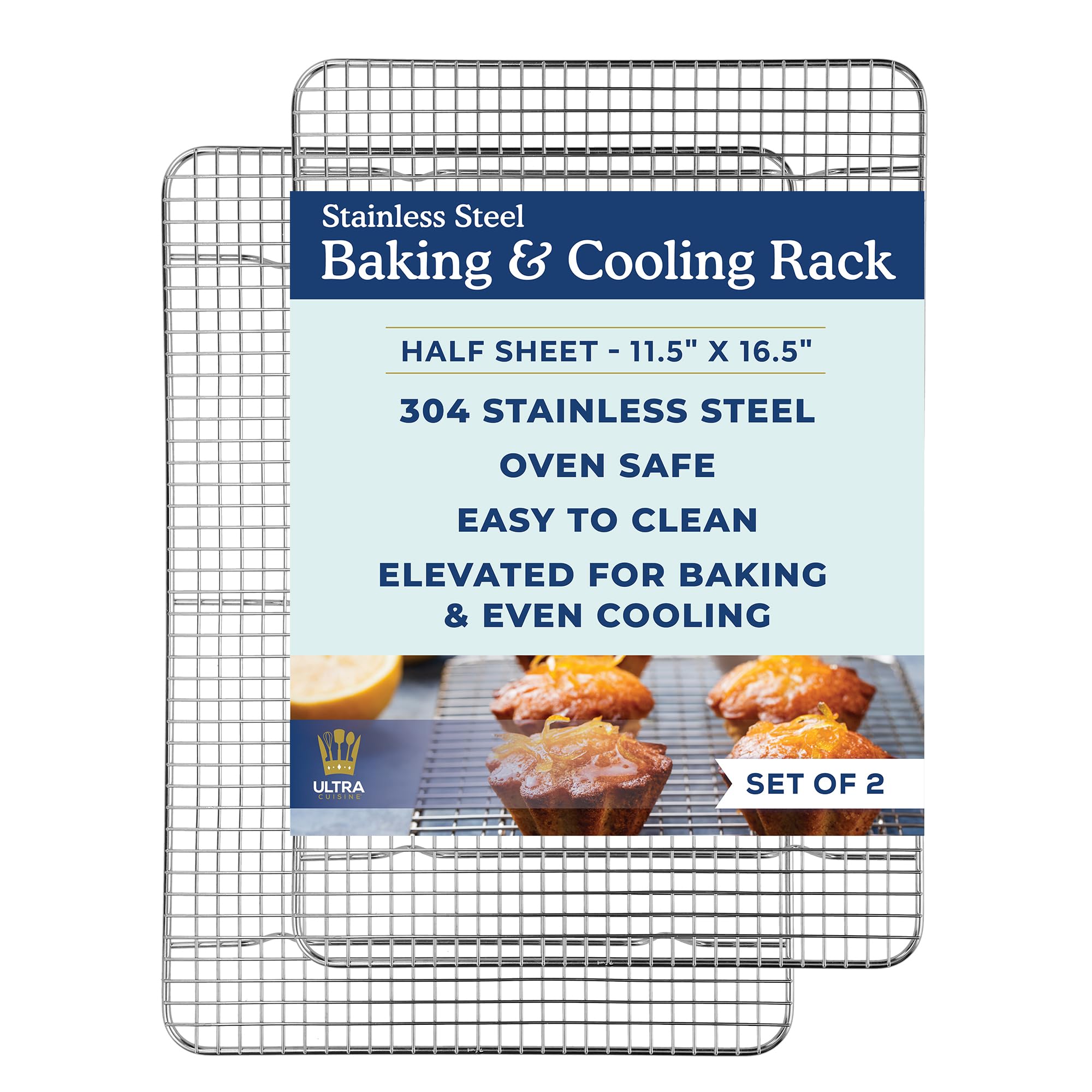 Ultra Cuisine Oven-Safe, Dishwasher-Safe 100% Stainless Steel Cooling and Baking Rack Set Heavy Duty Tight-Wire - 11.5 x 16.5-inch - Set of 2 - Half Sheet Pan Cooling Racks