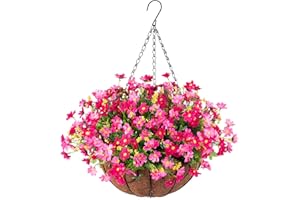 Ammyoo Artificial Hanging Flowers in Basket for Patio Garden Porch Deck Spring Summer Decoration, Artificial Daisy Arrangement,Fake Plants in 12 inch Coconut Lining Basket for Outdoor/Indoor(Pink)