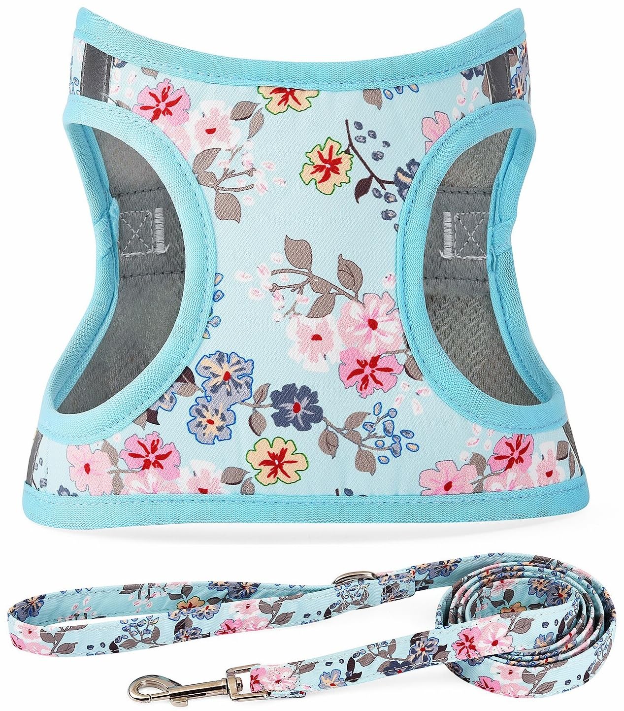Moonpet Step in Air Dog Harness Leash Set- All Weather Reflective No-Pull Floral Pattern Padded Mesh Vest Harness for Cats Puppy Extra-Small Small Medium Large Dogs - Bell Orchid L