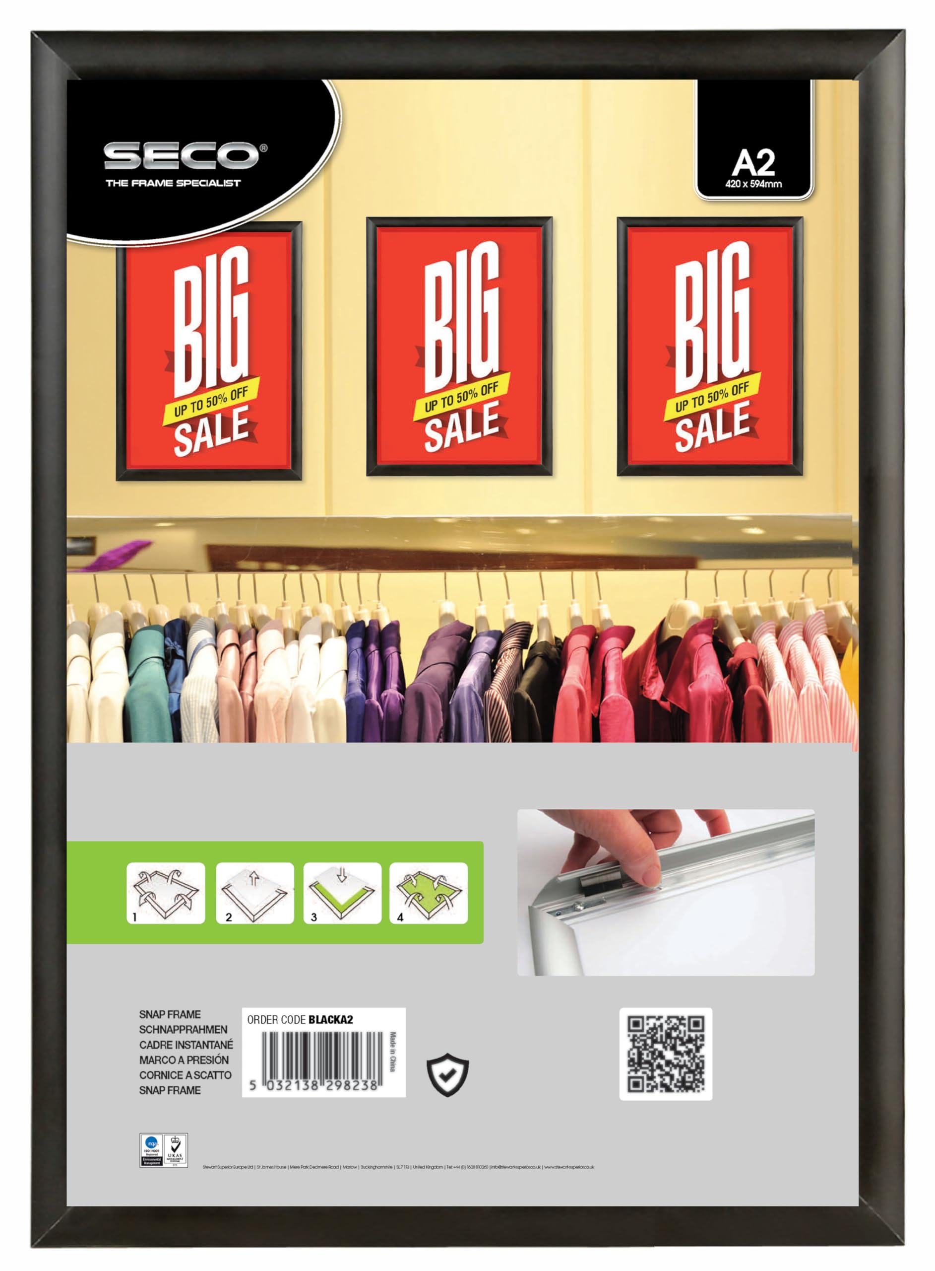 Stewart Superior A2 Aluminium 4 Sided 25mm Front Loading Picture/Poster Snap Frame - Black