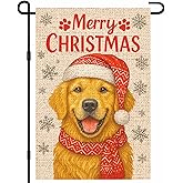 IVN Merry Christmas Golden Retriever Garden Flag 12x18 Inch Double Sided Small Burlap Holiday Beige Yard Flag for Outside Winter Xmas Decor