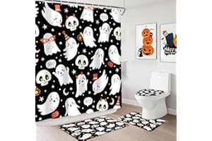 MEHOFOND 4Pcs Halloween Shower Curtain Sets Cute Ghost Spooky Bathroom Decor Black Halloween Boo Bathroom Curtain Sets with Non-Slip Rugs,Toilet Lid Cover, Bath Mat and 12 Hooks