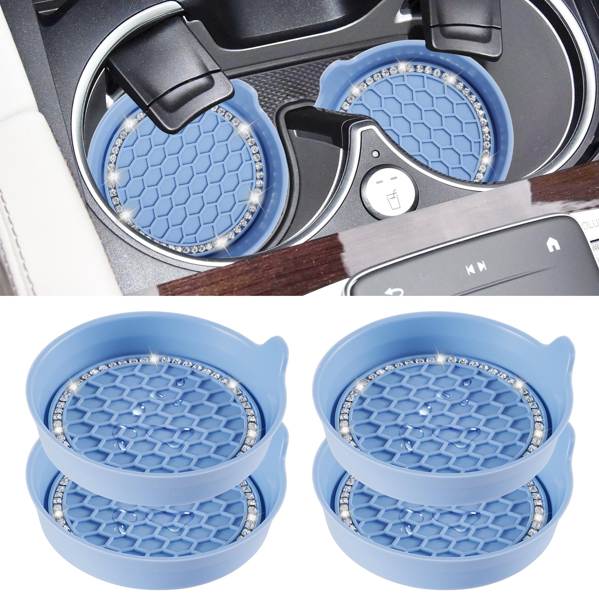 Photo 1 of Amooca Car Cup Coaster Universal Non-Slip Cup Holders Bling Crystal Rhinestone Car Interior Accessories 4 Pack Gray Blue