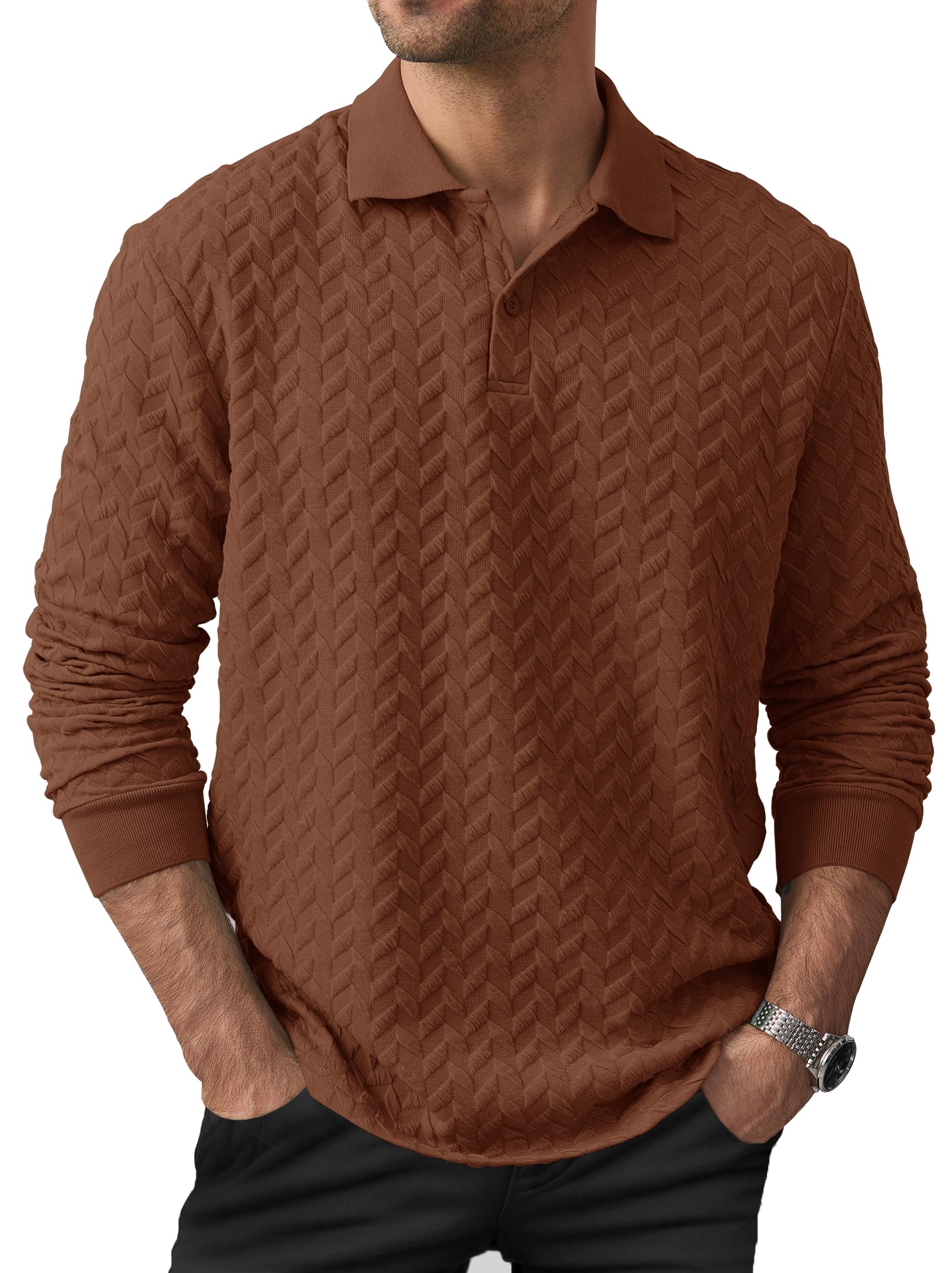 Photo 1 of VOGSTART Coffee Polo Shirt Regular Fit Long Sleeve Soft and Stretchy Polyester Textured Design with Ribbed Knit Collar and Cuffs Comfort L