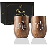 Onebttl Mr & Mr Gifts Tumbler Set - Stainless Steel 12oz/350ml with Lid - Wooden, Perfect for Wedding, Engagement, Valentine's Day, Anniversary & Newlyweds