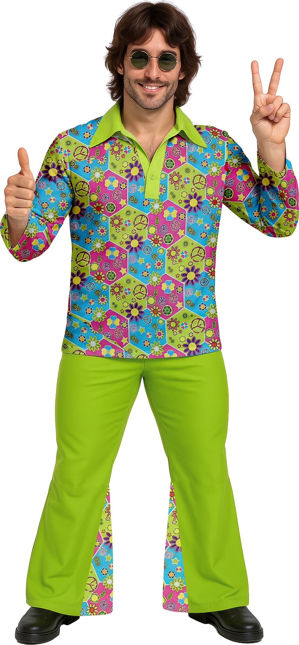 FIESTAS GUIRCA | Flower Power Hippie Fancy Dress Adult (42-44/L) - Shirt and Trousers - 60s, Retro and Vintage Costumes for Fancy Dress Parties, Carnival and Halloween - Ideal for Men