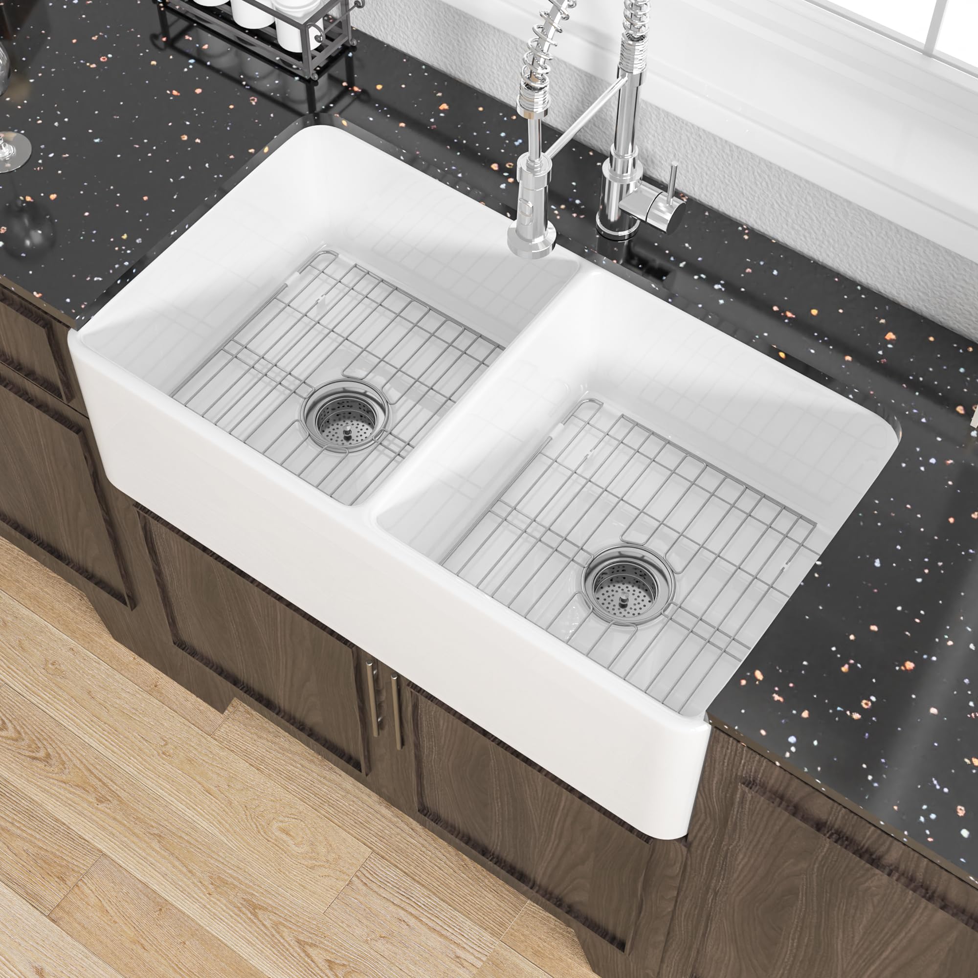 Photo 1 of ?Miuara Farmhouse Sink Double Bowl 33 Inch - White Apron Front Kitchen Sink Reversible 33"x18"x10", Undermount Installation, Farm House? Style Dual Basin 50/50, Heavy Duty Solid Fireclay, for Kitchen