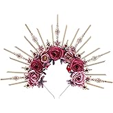 COSUCOS Renfaire Flower Halo Crown - Handmade Fantasy Purple and Pink Rose Headpiece with Crystal Gold Spiked Greek Goddess Headband for Women Fairy Elf Cosplay Renaissance Halloween Wedding