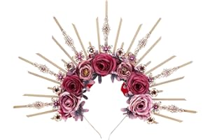 COSUCOS Renfaire Flower Halo Crown - Handmade Fantasy Purple and Pink Rose Headpiece with Crystal Gold Spiked Greek Goddess Headband for Women Fairy Elf Cosplay Renaissance Halloween Wedding