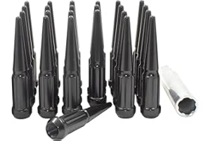 Wheel Accessories Parts 24 Pcs M14x1.5 14x1.5 Thread Spiked 4.4" Long Lug Nuts Black Truck Spline Hex Fits Chevy Silverado GMC Sierra RAM 1500 Ford F150 Bronco (Raptor Only)