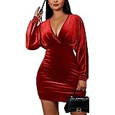 YMDUCH Women's Elegant Deep V Neck Long Sleeve Batwing Bodycon Velvet Mini Party Club Dress