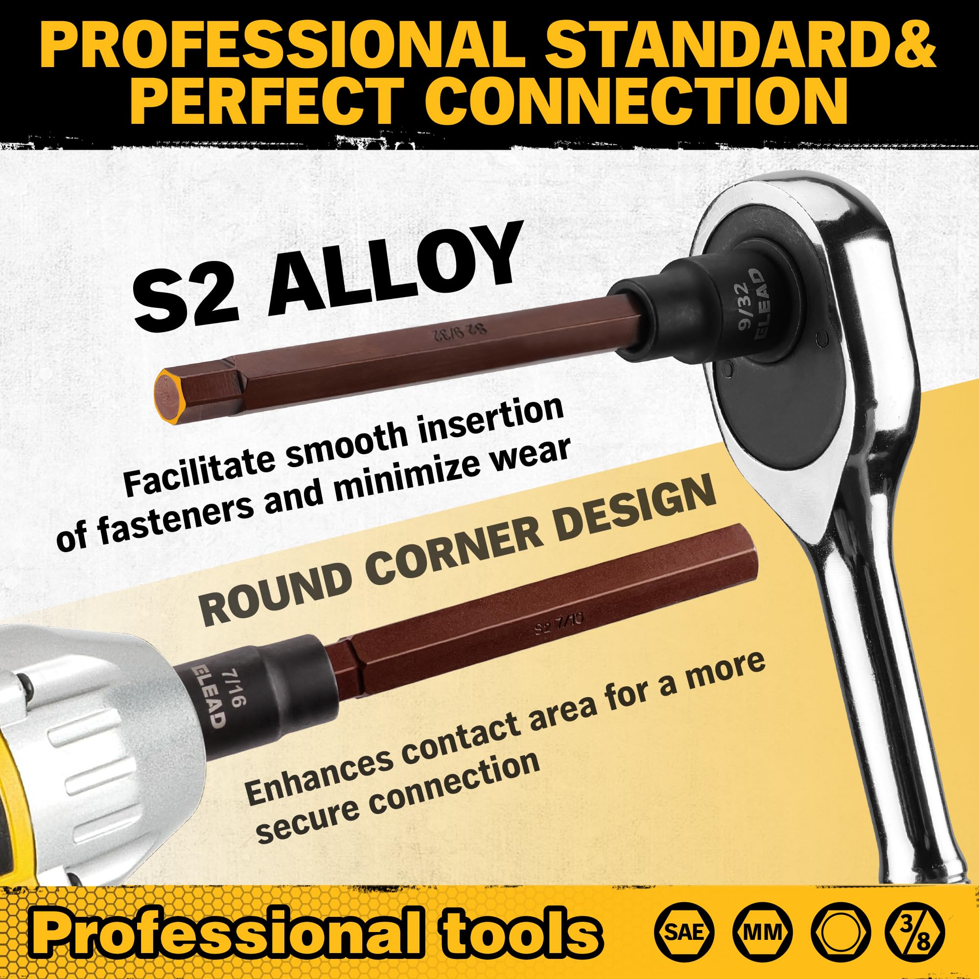 ELEAD 20-Piece 3/8 Inch Drive Extra-Long Allen Hex Bit Socket Set: S2 Steel, Standard SAE & Metric (1/8-Inch - 7/16-Inch, 3-12mm) for Impact Drills and Ratchet Wrenches