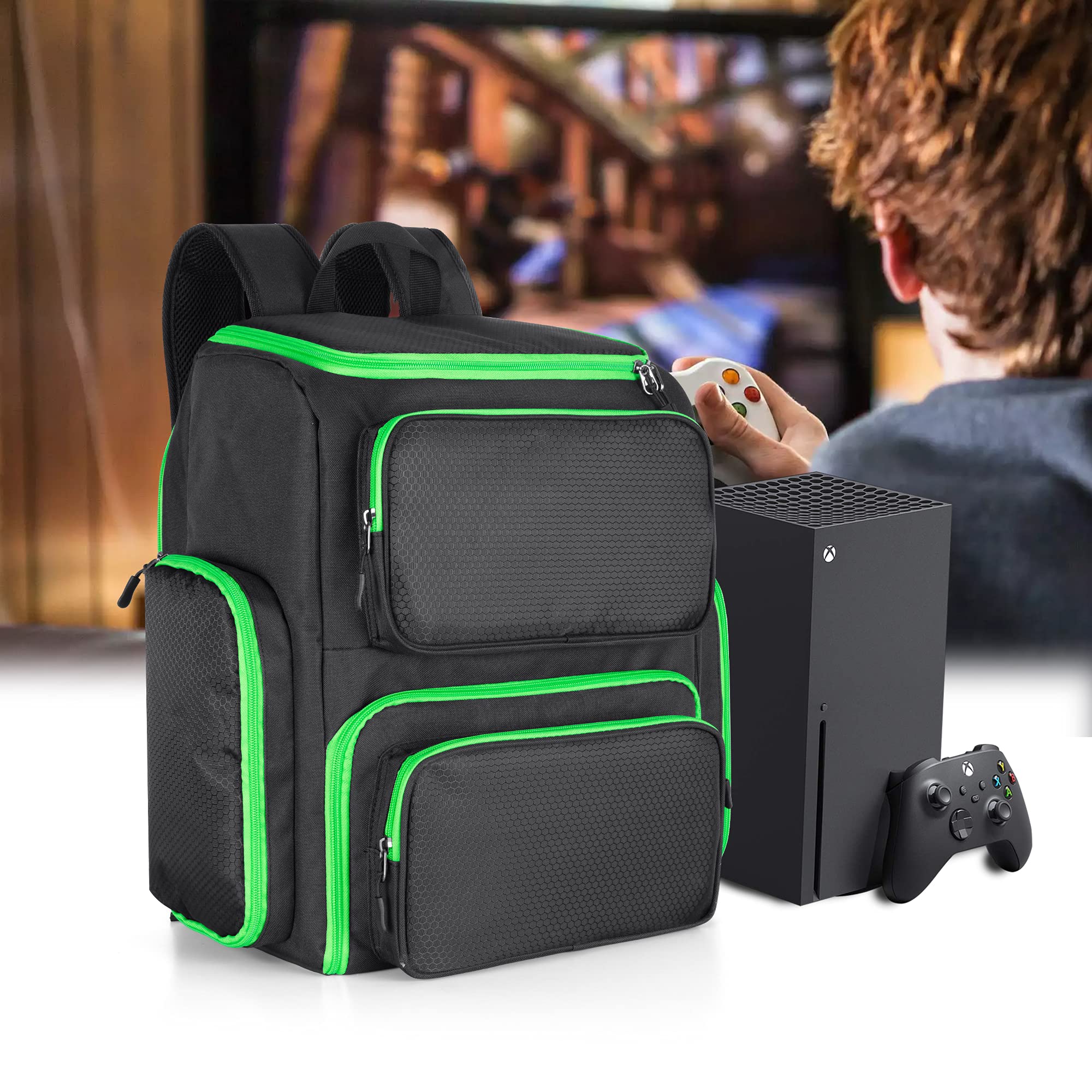 Trunab Travel Carrying Backpack Compatible with Xbox Series X, Storage Case Bag with 2 Inner Spaces for Xbox Game Console and Other Gaming Accessories