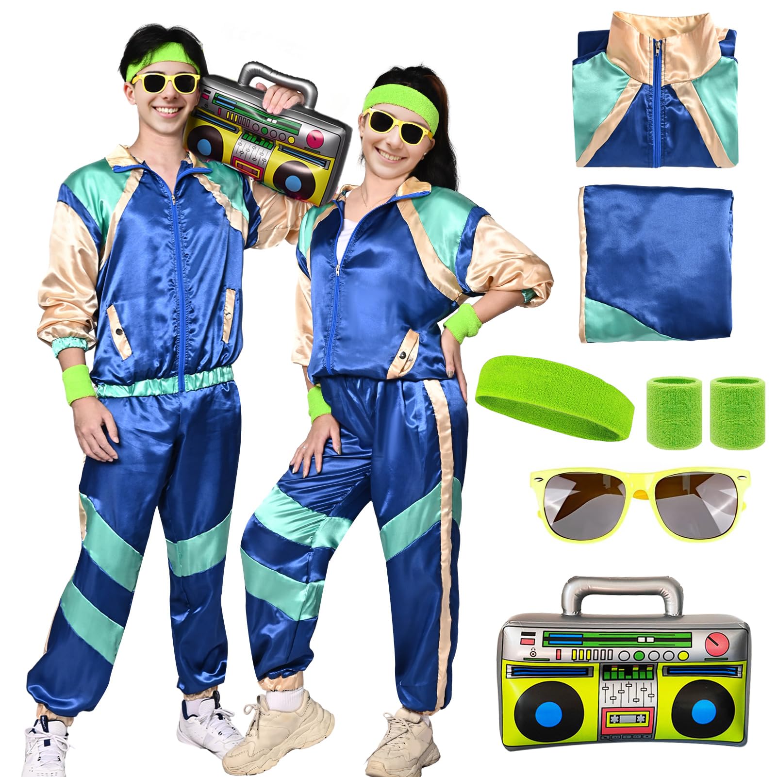 HarnyLoom 80s 90s Fancy Dress Costume Men Women Adults, Shell Suit Rave Tracksuit Retro Outfit Jacket Hip Hop Rapper Disco Accessories Carnival Halloween Party (Blue, S)