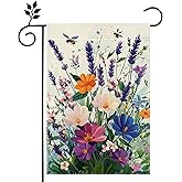 Spring Lavender Flower Garden Flag for Outside Summer Bee Colorful Floral Yard Flag Double Sided Burlap Farmhouse Outdoor Home Decorations 12x18 Inch