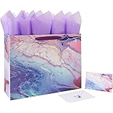 wishinside 16.5” Extra Large Purple Marble Gift Bag Set with Handles, Greeting Card, Tissue Papers and Stickers for Women Girls Kids Teens for Birthdays, Mother's Day, Weddings, Anniversaries, 1 Pcs
