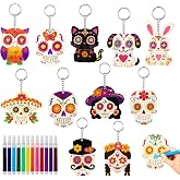 36 Pcs Day of The Dead Wood Sugar Skull Keychain Color Your Own Craft Decor | DIY Sugar Skulls to Paint Craft Keychain Kit with 24 Pcs Color Markerst for Day of the Dead Halloween Party Favors Activities