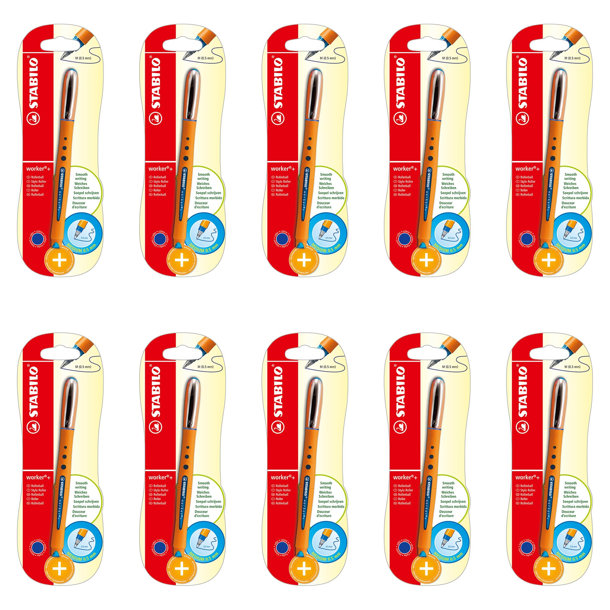 STABILO Rollerball worker+ Medium - Blue - 10 Blisters