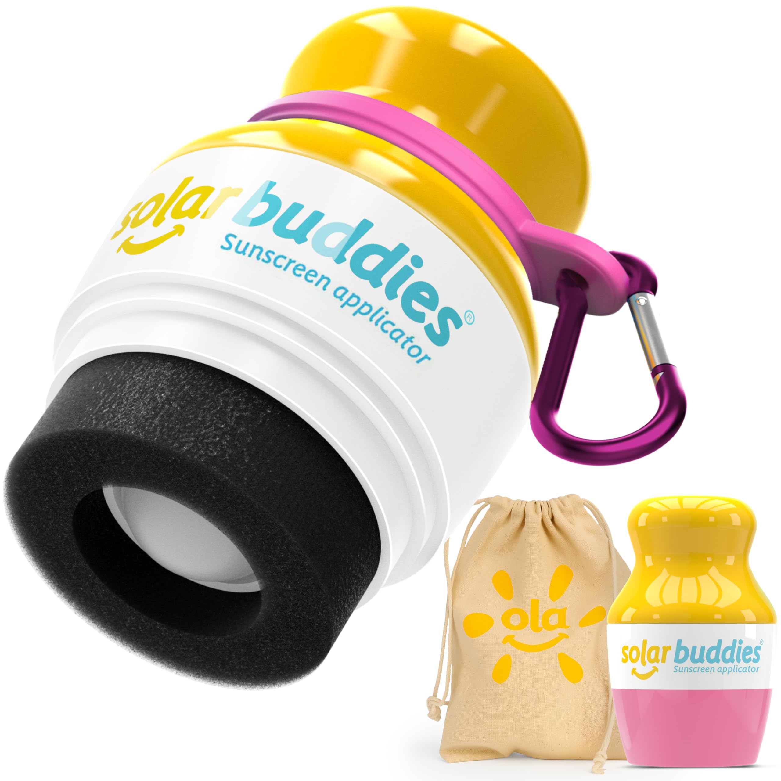 Solar Buddies Grab & Go Travel Bundle, Carabina Clip & Cleaning Brush - Refillable Roll on Sponge Sunscreen, Suncream & Lotion Applicator for Kids, Adults & Families - Holds 100ml (Pink Bag Set)