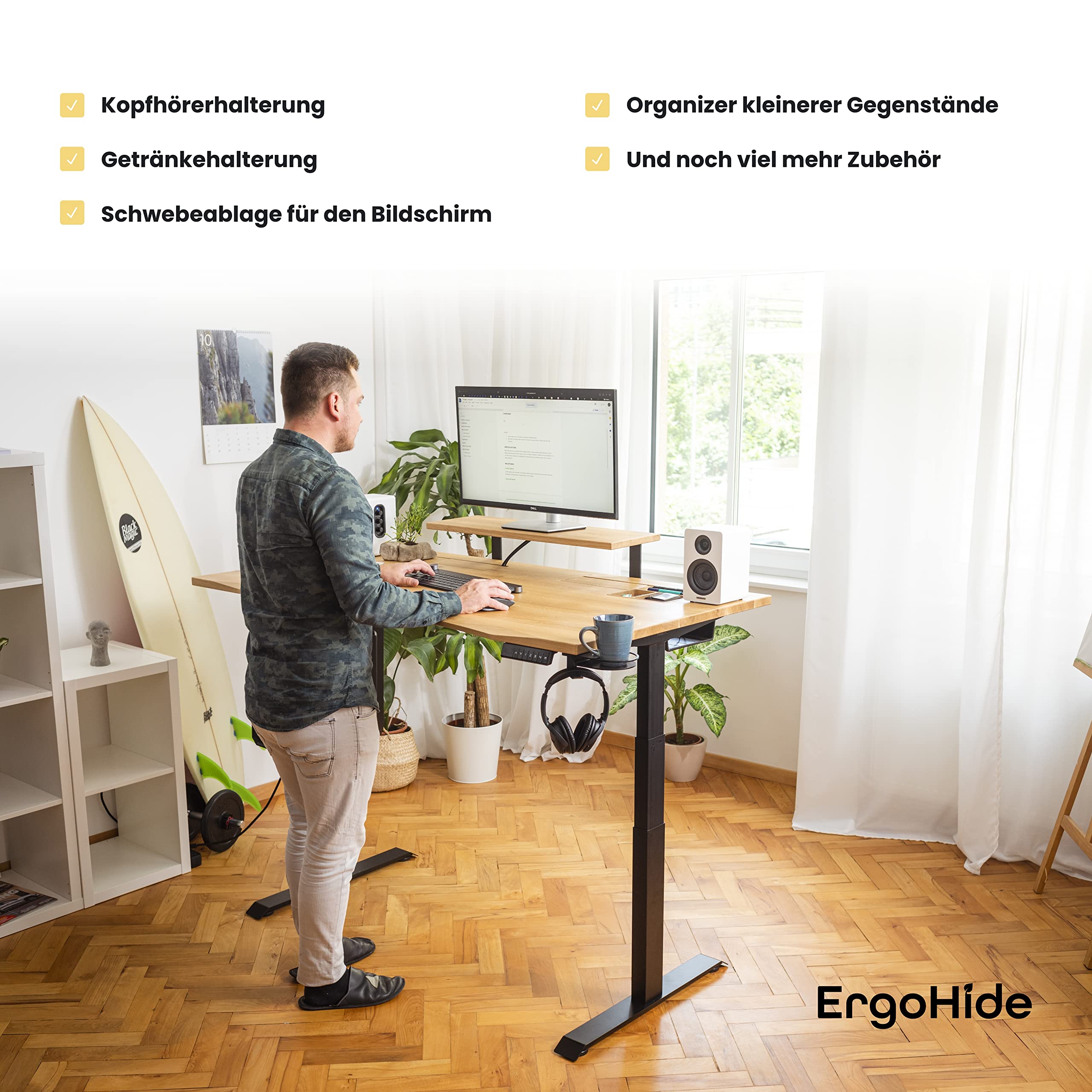 ErgoHide® Höhenverstellbarer Schreibtisch aus Massivholz mit erweitertem Kabelmanagement/Kabelkanal (Eiche, Schwarz, Ergonomisch, 150x80cm) 5