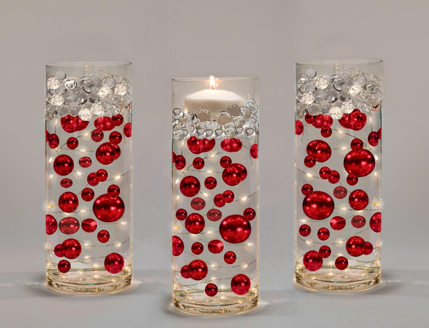 Vase Fillers - 100 Floating Red Pearls - No Hole Jumbo/Assorted Sizes Vase Decorations + Includes Transparent Water Gels for Floating The Pearls