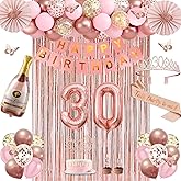 30th Birthday Decorations for Women, Rose Gold Happy 30th Birthday Decorations for Her, 30 Sash and Crown, Banner, Fringe Curtains, Hanging Paper Fans, 30 Year Old Party Supplies Set