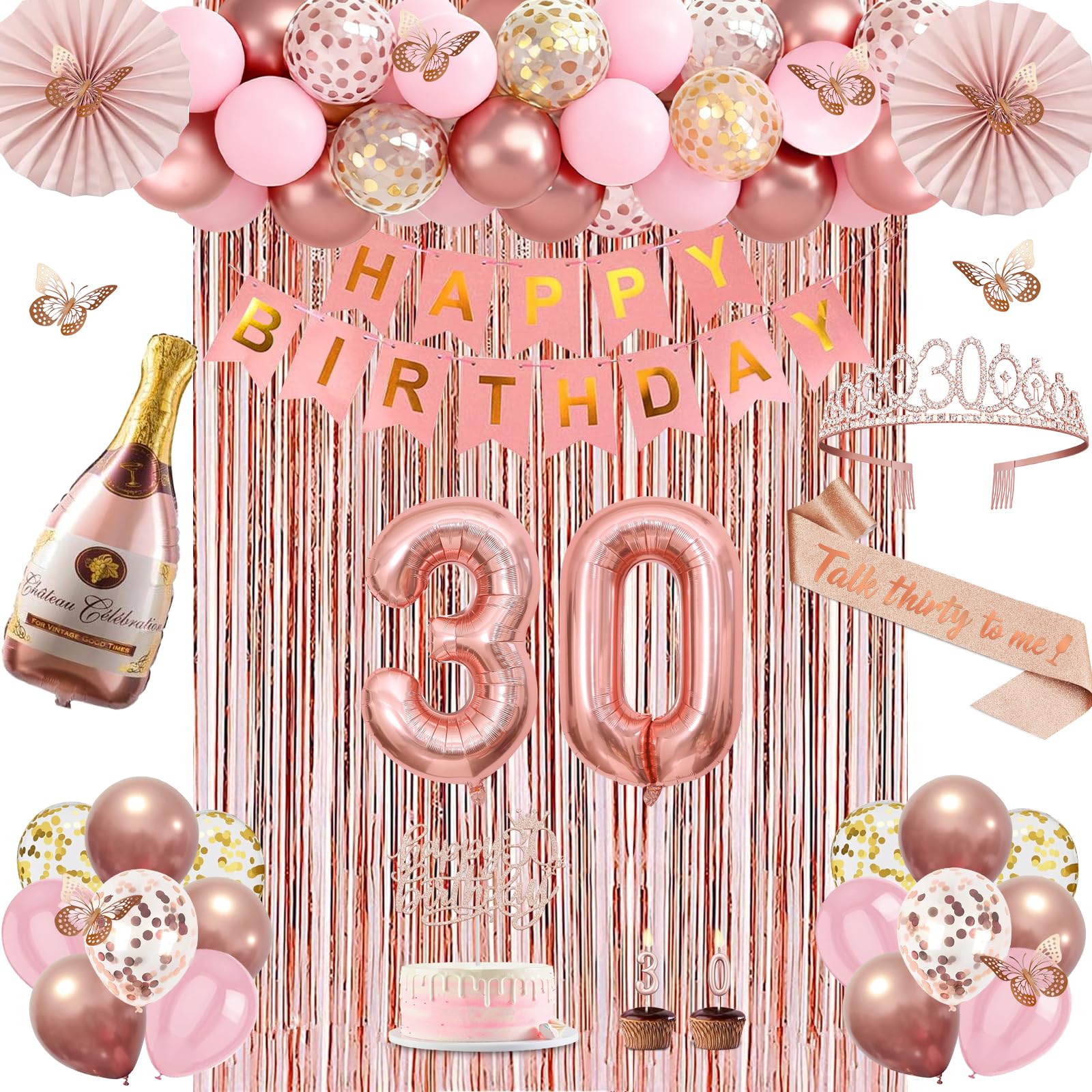 Photo 1 of 30th Birthday Decorations for Women, Rose Gold Happy 30th Birthday Decorations for Her, 30 Sash and Crown, Banner, Fringe Curtains, Hanging Paper Fans, 30 Year Old Party Supplies Set