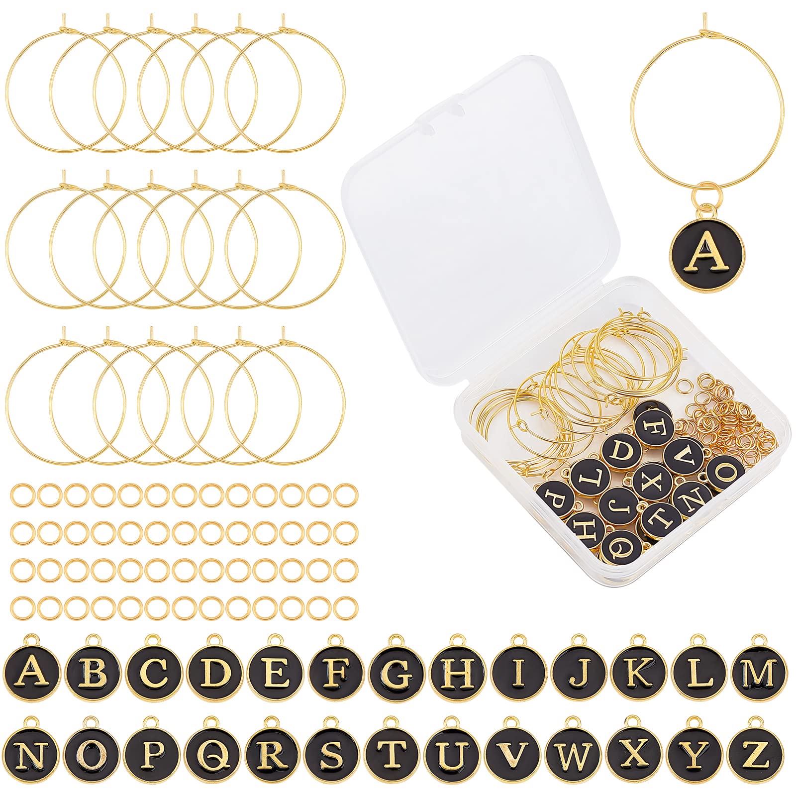 SUNNYCLUE 1 Box 26 Set Wine Glass Tag Charms Drink Identifiers Markers Including Alphabet Letter Alloy Enamel Pendants Brass Charm Rings Jump Rings for Party Favors Decorations