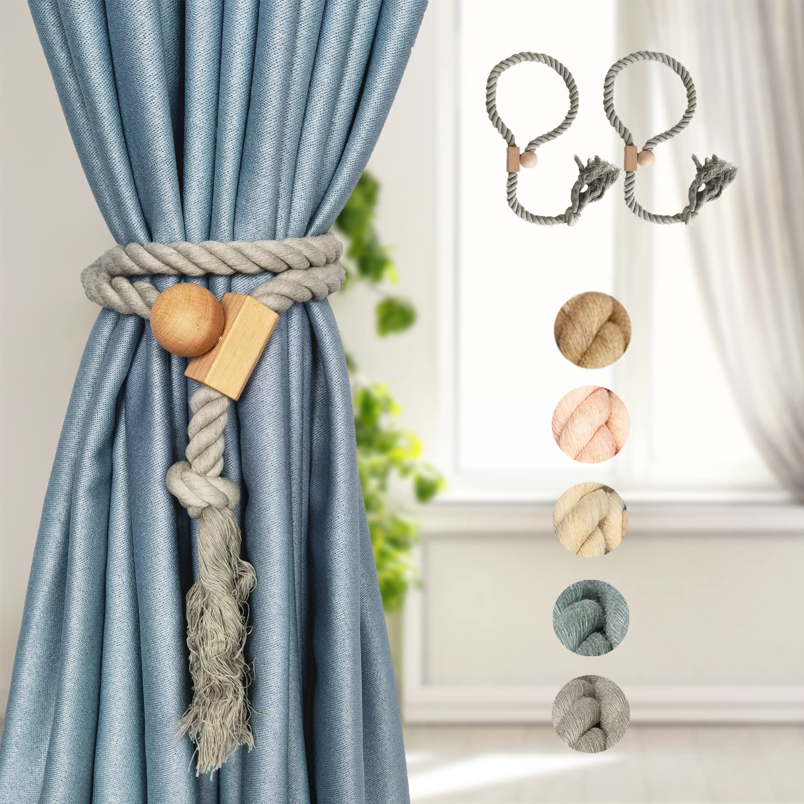 Y AKAGI Magnetic Curtain Tiebacks Cotton Ropes for Curtains Handmade 2 Pieces European Country House Style Tassels (Grey)