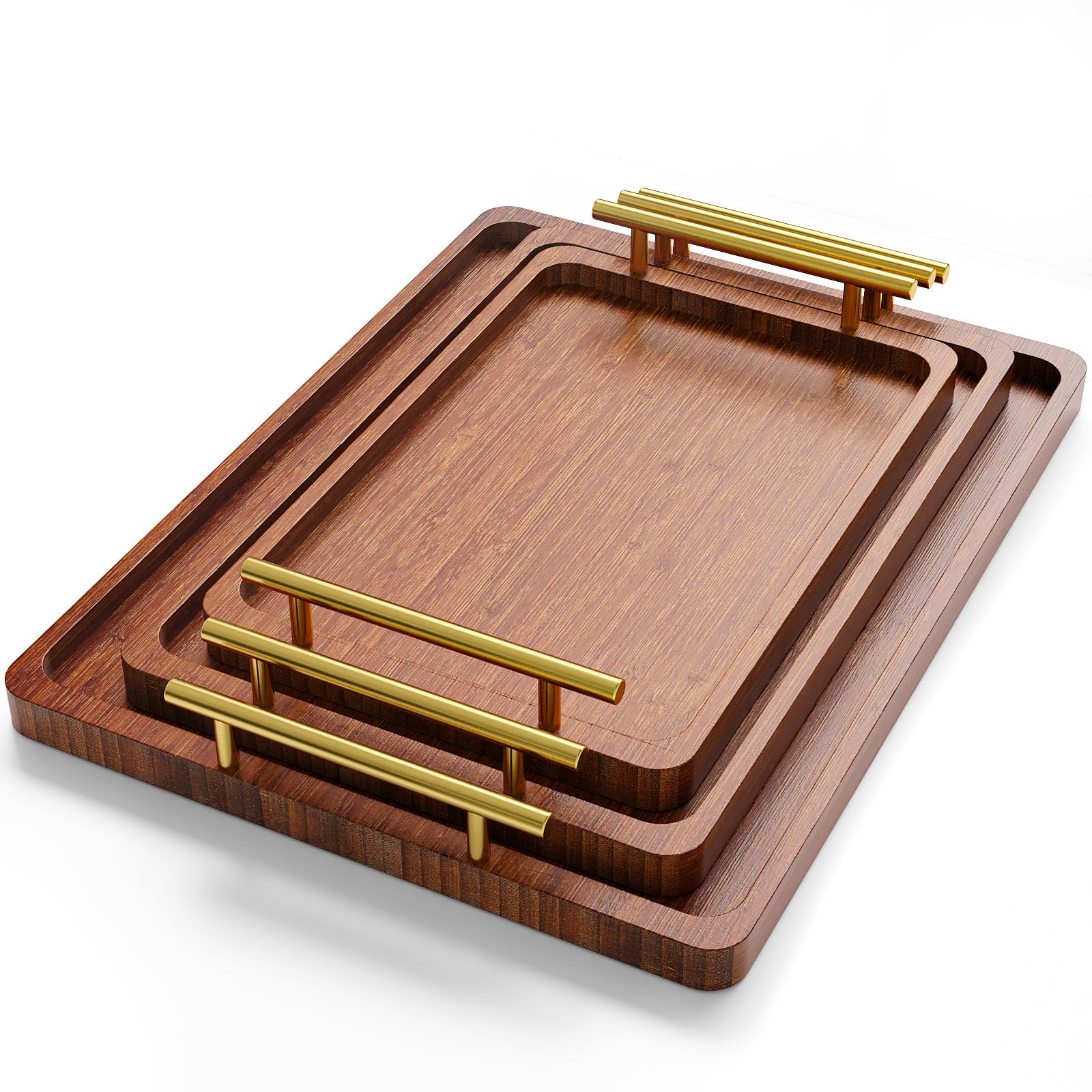 Photo 1 of Fibogollo Bamboo Serving Tray with Metal Handles(Set of 3),Ottoman Decorative Trays Platter for Eating Breakfast,Working,Storing and Party(Brown)