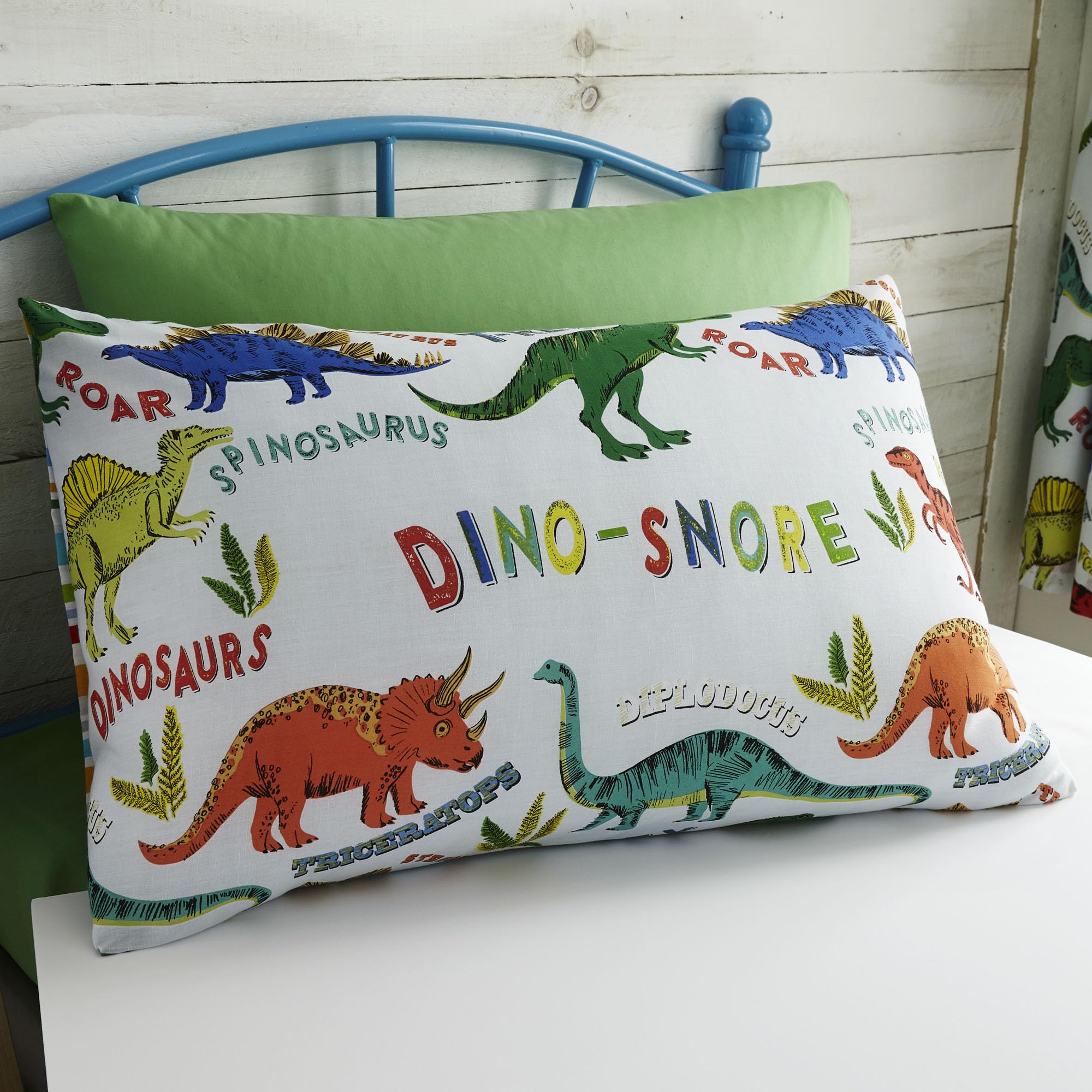 Happy Linen Company Kids Girls Dinosaur Park Jurassic Pink T-Rex Dino White Reversible Pair Of Pillow Cases — image 1